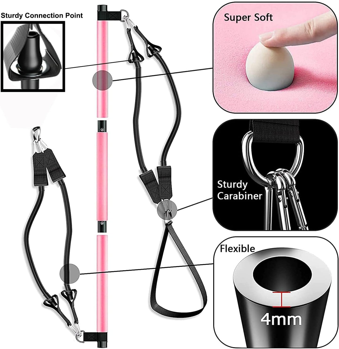 Pilates Bar Kit with 4 Strong Resistance Bands, Upgraded 3-Section Yoga Strengthened Adjustable Resistance Band Bar with Foot Straps, Exercise Fitness Workout Equipment for Leg Butt Full Body Shaping