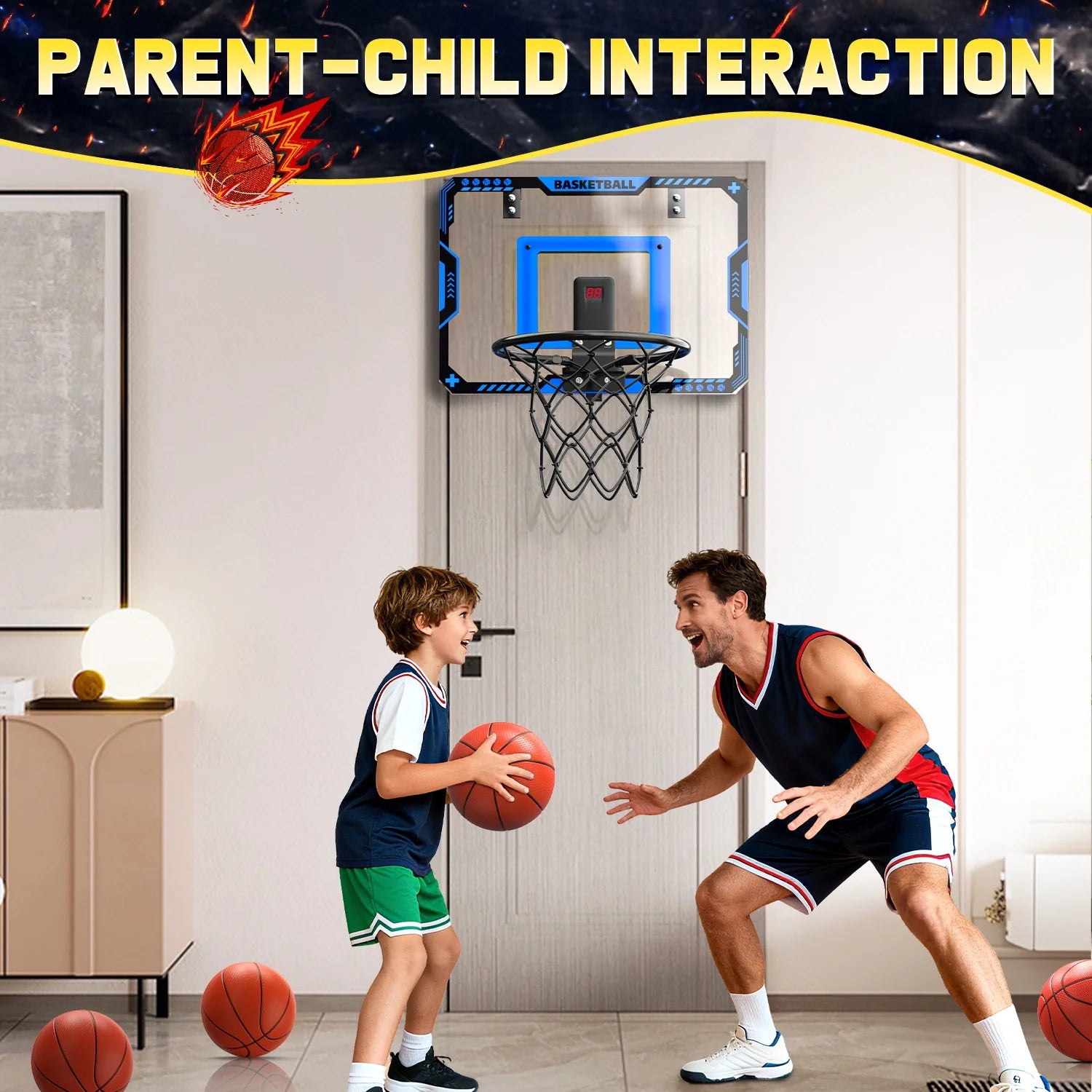 Indoor Basketball Hoop for Kids, Mini Basketball Hoop with Electronic Scoreboard, Sounds, over the Door Basketball Game Toys Gifts 3 Balls for Kids & Adults