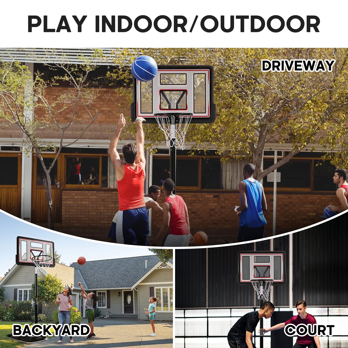 44In Basketball Hoop Adjustable Height 6.56Ft-10Ft Goal Durable Outdoor Portable Basketball System for All Age Ranges