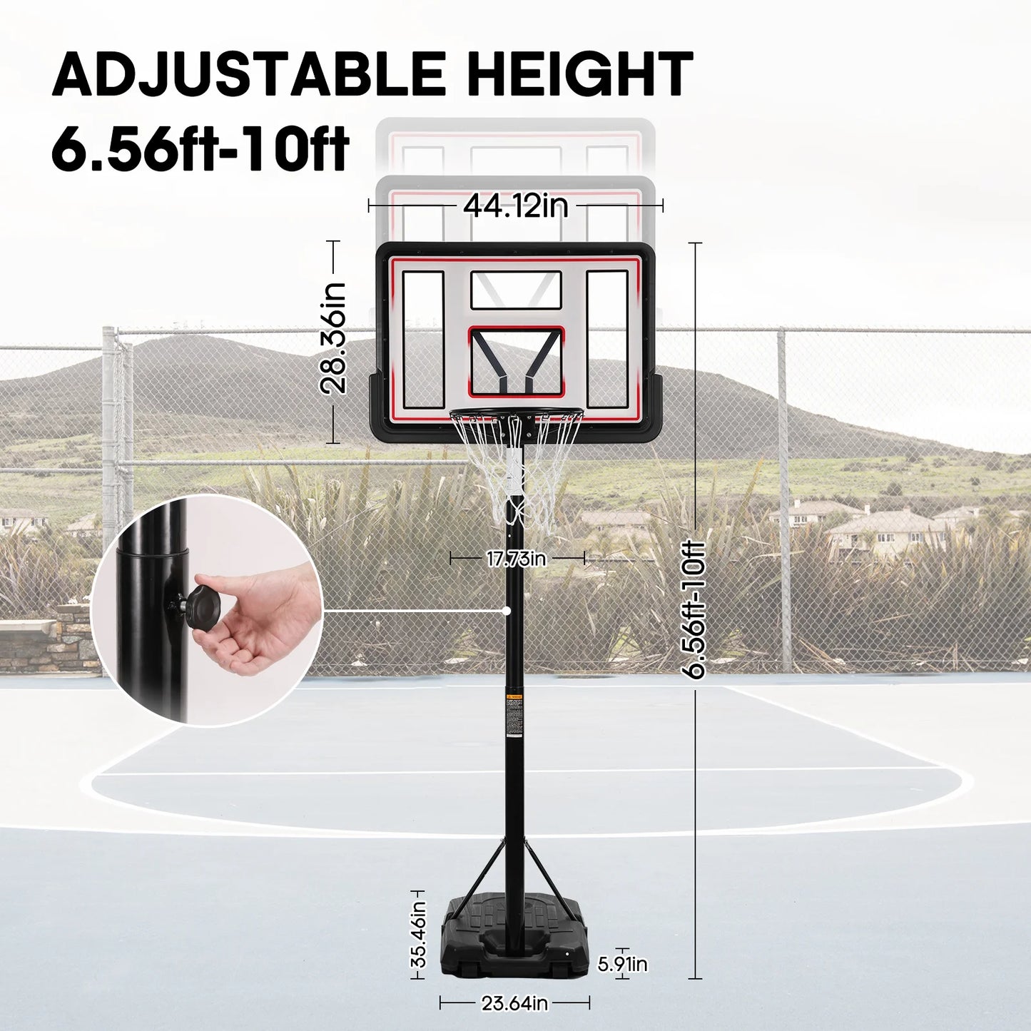 44In Basketball Hoop Adjustable Height 6.56Ft-10Ft Goal Durable Outdoor Portable Basketball System for All Age Ranges