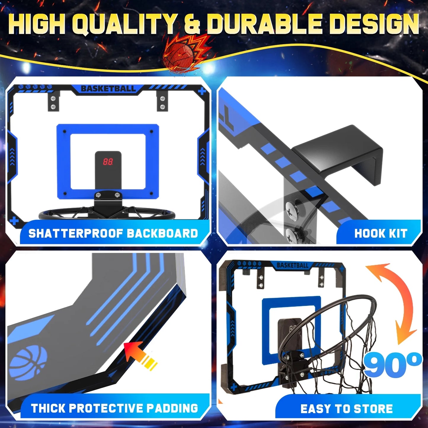 Indoor Basketball Hoop for Kids, Mini Basketball Hoop with Electronic Scoreboard, Sounds, over the Door Basketball Game Toys Gifts 3 Balls for Kids & Adults