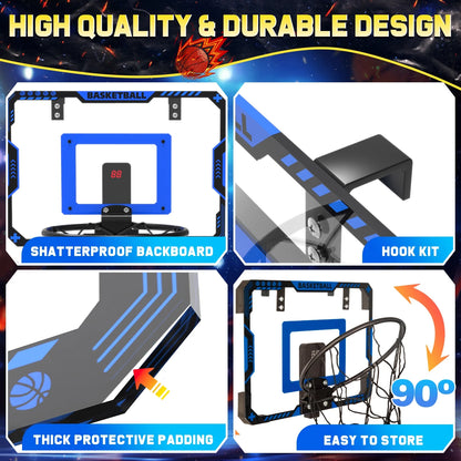 Indoor Basketball Hoop for Kids, Mini Basketball Hoop with Electronic Scoreboard, Sounds, over the Door Basketball Game Toys Gifts 3 Balls for Kids & Adults